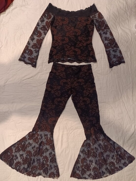 Casadei Other - Vintage Casadei Set  Black  Brown Lace Off-Shoulder Top & Flared Pants Sz S